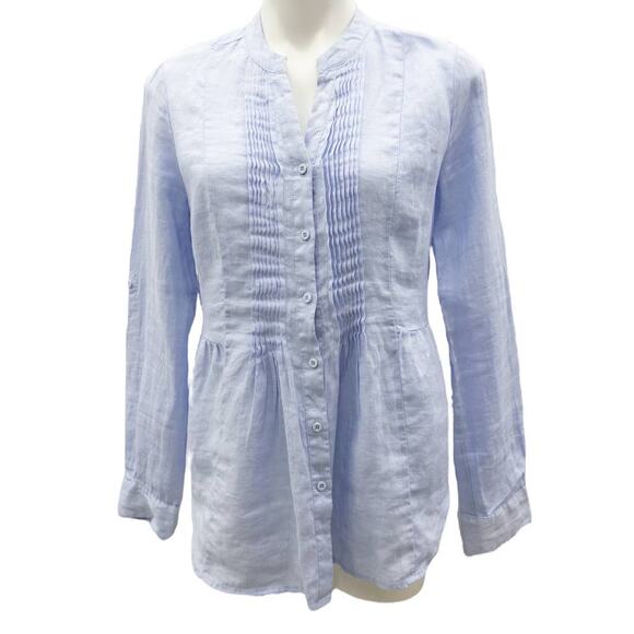 Malvin Hamburg Germany Band Collar Pintucked Button Front Long Sleeve Linen  Top - Picture 1 of 5